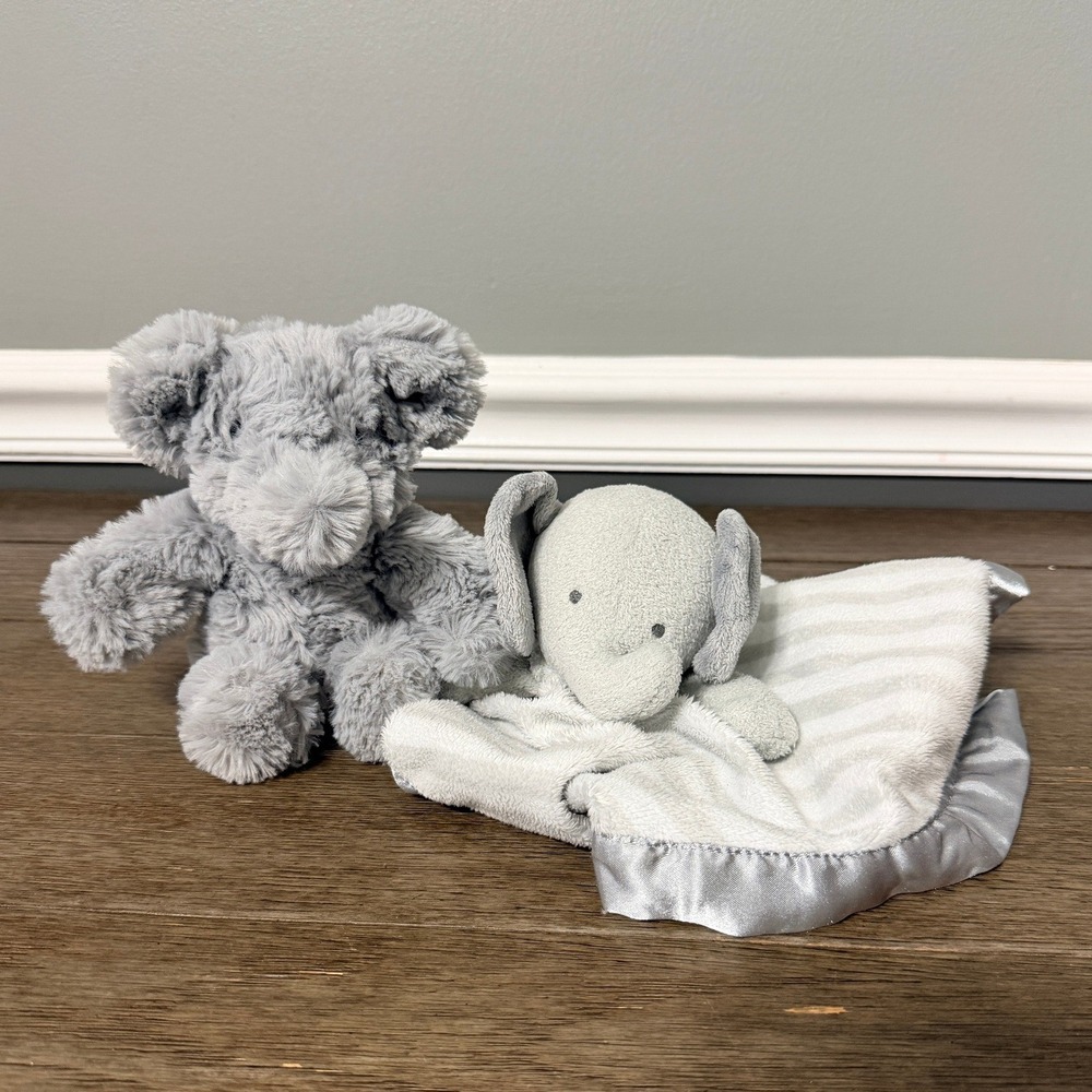 Cloud Island Gray Elephant Plush Stuffed Animal and Striped Security Lovey Set